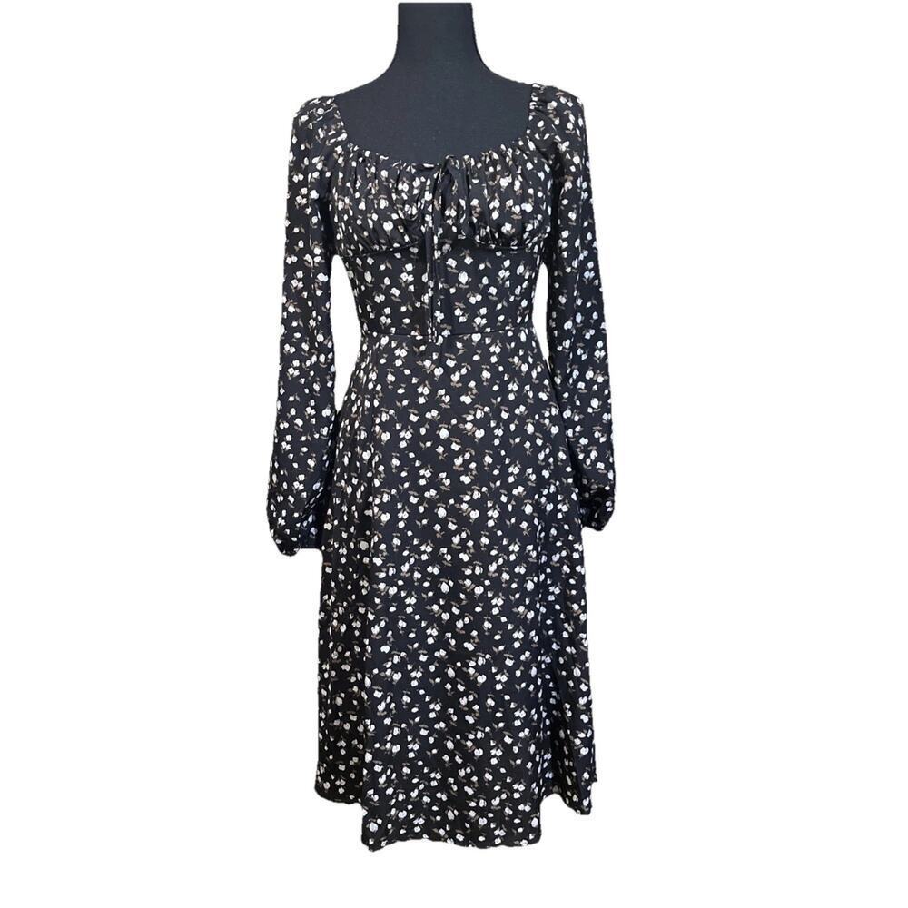 Y2K Floral Puff Sleeve Floral Milkmaid Babydoll Midi Dress Black Size 2 Cottage